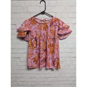ROSE & OLIVE red pink orange floral Flutter Scallop sleeve blouse sz M NWOT 272